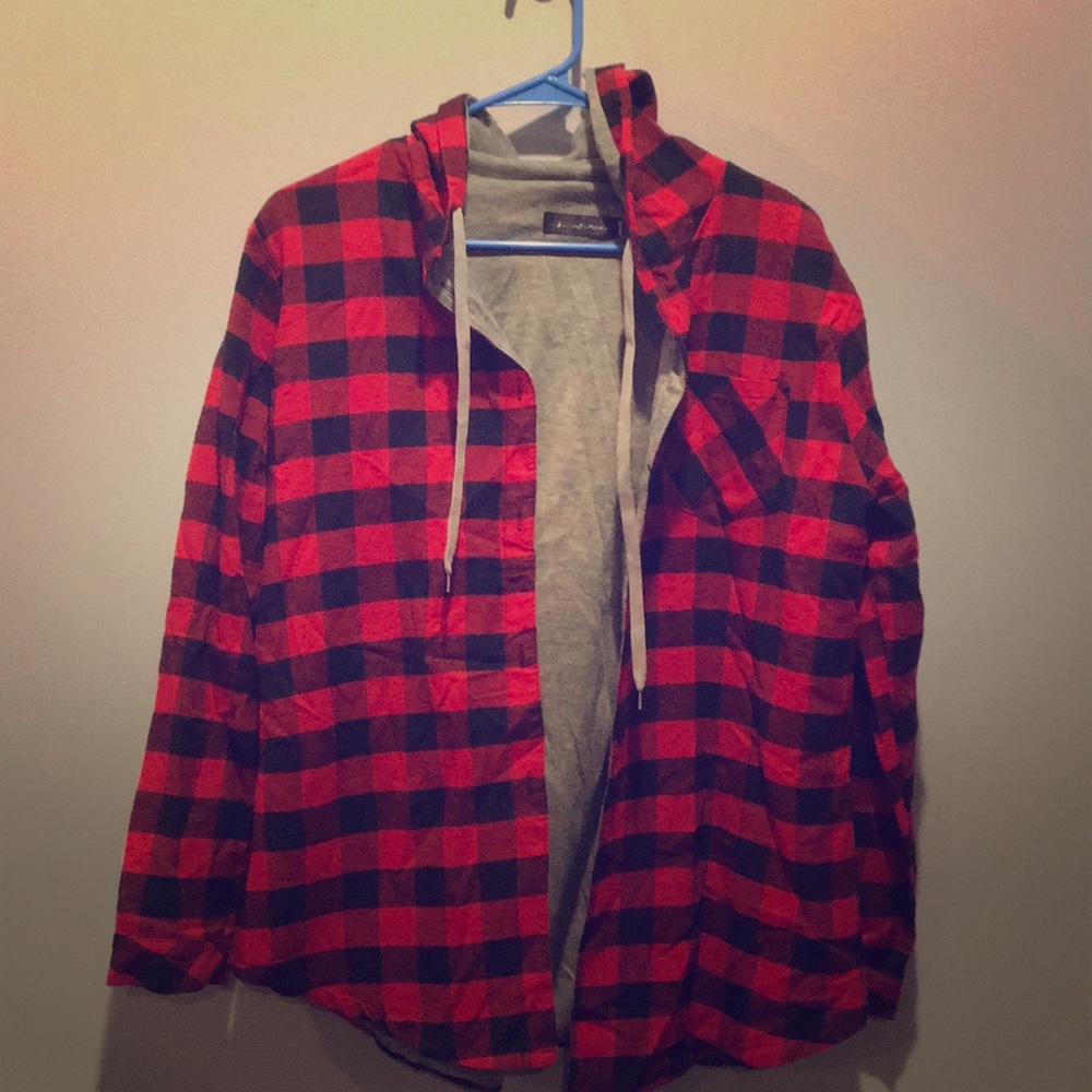 Plaid button up w/ hood